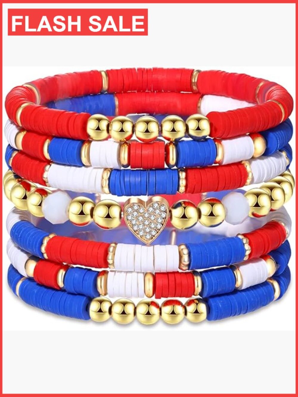 Patriotic Stretch Bracelet Set - 7pcs USA Flag Heishi Clay Bracelets Surfer